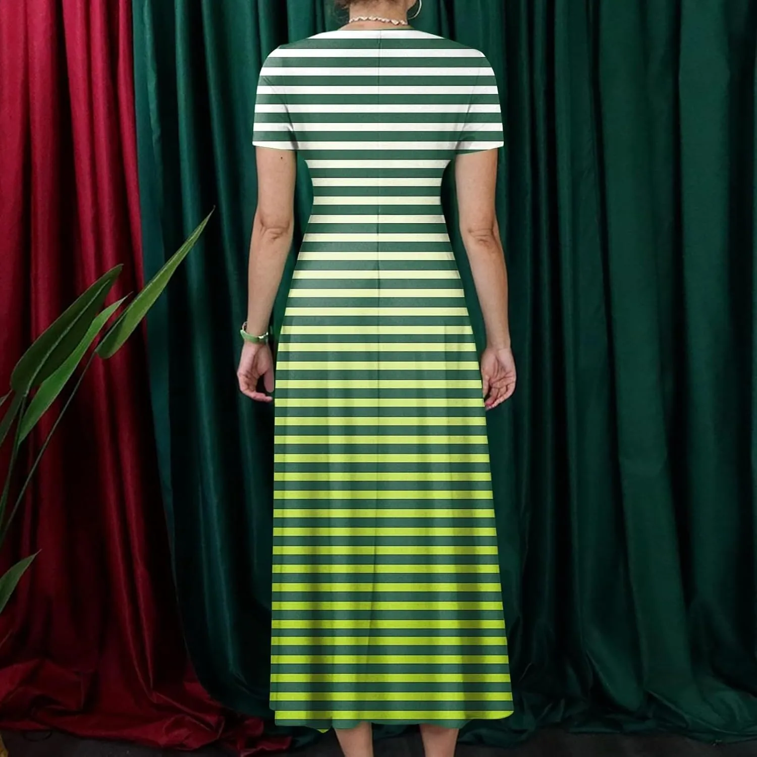 ZEFOTIM Maxi Dress for Women Plus Size Elegant Striped Dress Short Sleeve Crew Neck Dresses