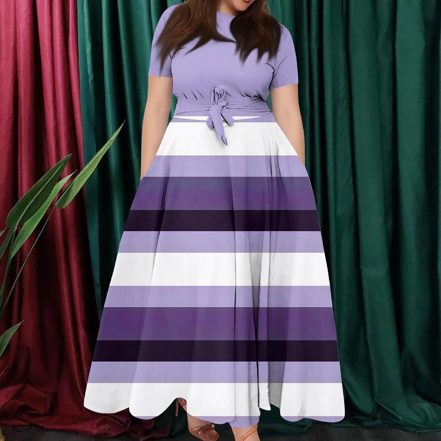 ZEFOTIM Maxi Dress for Women Plus Size Elegant Striped Dress Short Sleeve Crew Neck Dresses