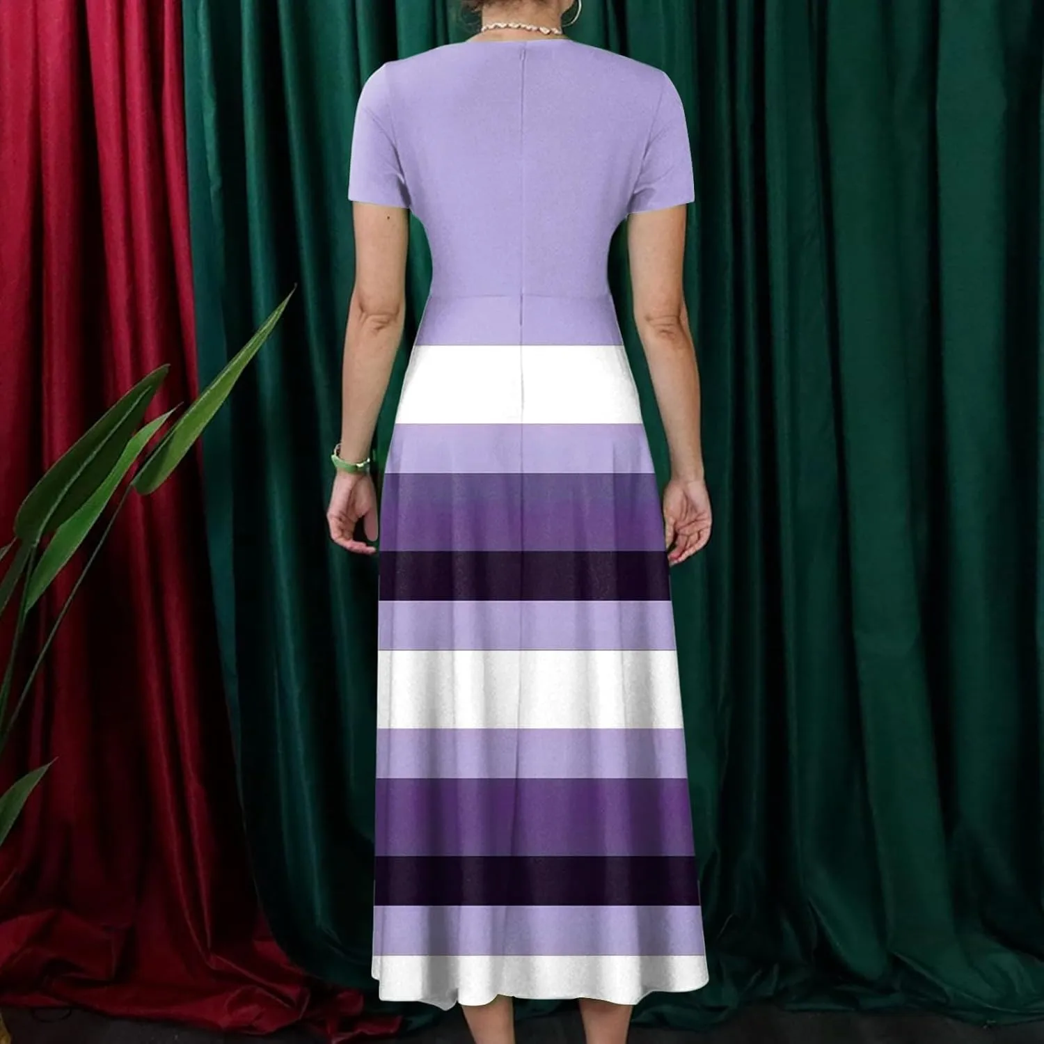 ZEFOTIM Maxi Dress for Women Plus Size Elegant Striped Dress Short Sleeve Crew Neck Dresses
