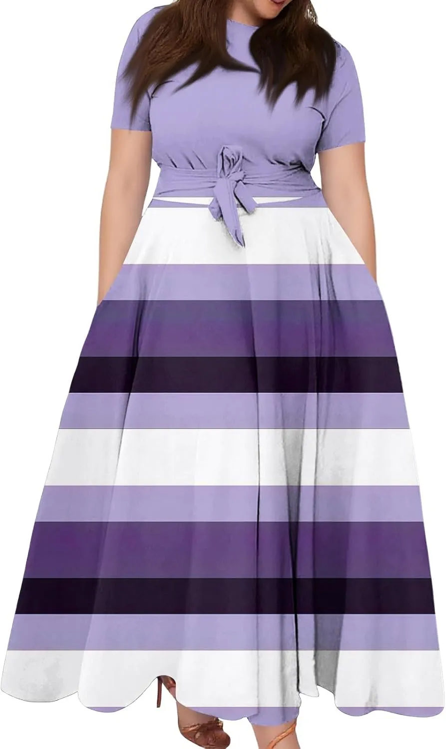 ZEFOTIM Maxi Dress for Women Plus Size Elegant Striped Dress Short Sleeve Crew Neck Dresses