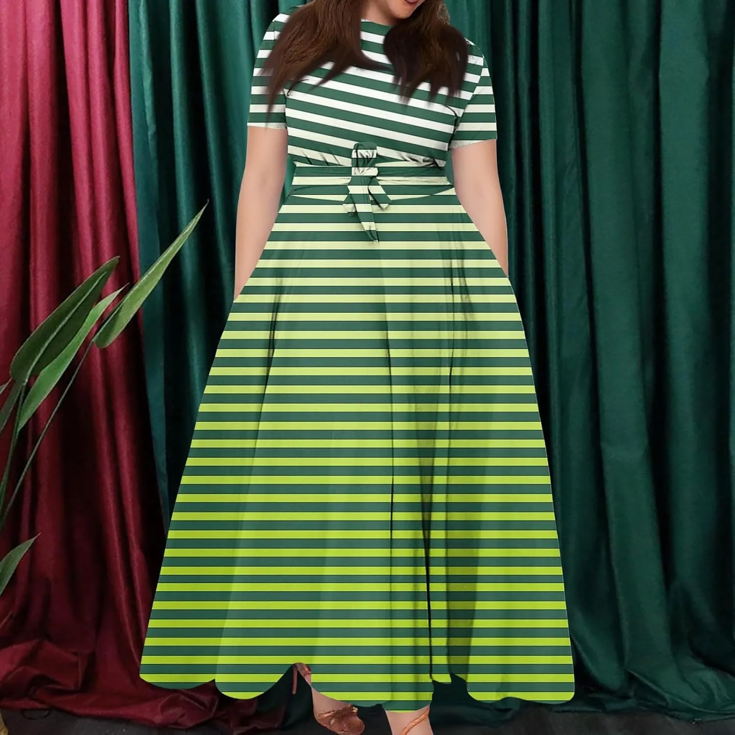 ZEFOTIM Maxi Dress for Women Plus Size Elegant Striped Dress Short Sleeve Crew Neck Dresses